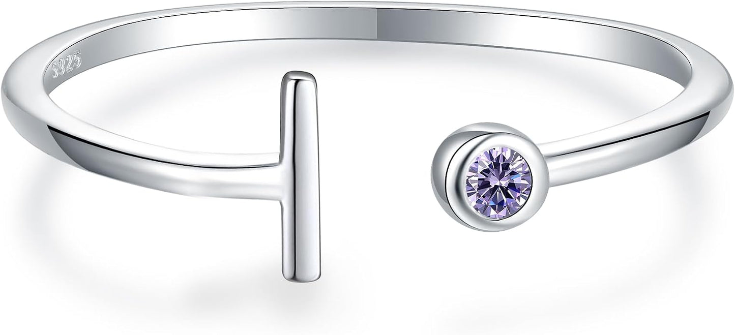 925 Sterling Silver Initial Letter Birthstone Rings for Women Adjustable 1-12 Month Birthstone Alphabet Stacking Ring for Teens Girls Stackable Birthstone Rings Birthday Jewelry Gift for Daughter Mom