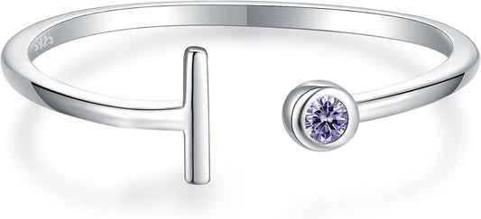 925 Sterling Silver Initial Letter Birthstone Rings for Women Adjustable 1-12 Month Birthstone Alphabet Stacking Ring for Teens Girls Stackable Birthstone Rings Birthday Jewelry Gift for Daughter Mom