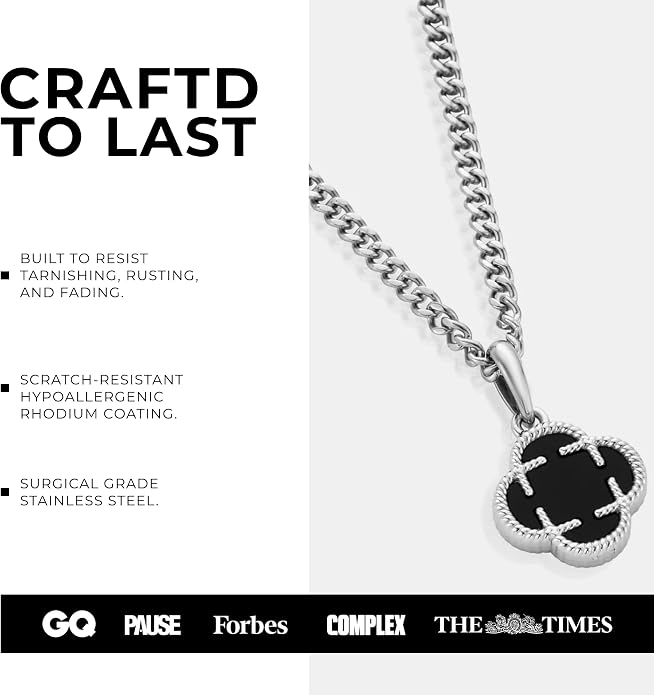 CRAFTD - Black Onyx Clover Stone Pendant Necklace - A Symbol of Luck - 20.5" (2mm) Cuban Link Chain - Mens Jewlery - Hypoallergenic - Waterproof, Heat & Sweat Resistant