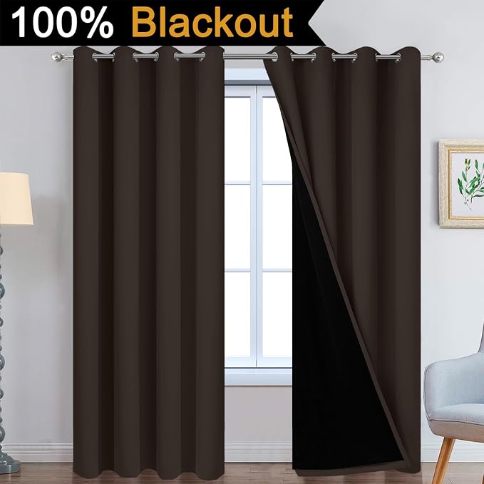 Yakamok Chocolate 100% Blackout Curtains 96 Inches Long 52" Wide 2 Panels | Blackout Curtain Panels for Bedroom, 2 Thick Layers Grommet Top Thermal Insulated Drapes with Black Liner for Living Room