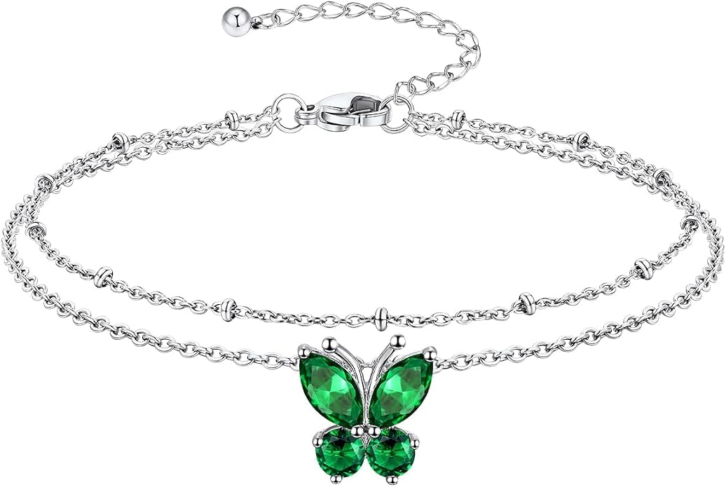 Richsteel Double Layer Heart/Butterfly Birthstone Anklet for Women Non Tarnish Waterproof, Silver/Gold/Black Stainless Steel 8.5-10.5 Inch Adjustable Chain Anklets Jewelry Gifts for Her