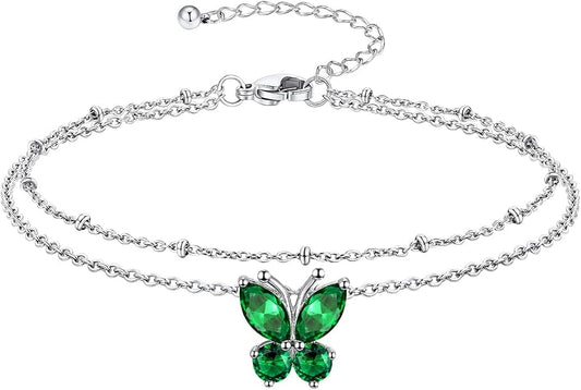 Richsteel Double Layer Heart/Butterfly Birthstone Anklet for Women Non Tarnish Waterproof, Silver/Gold/Black Stainless Steel 8.5-10.5 Inch Adjustable Chain Anklets Jewelry Gifts for Her