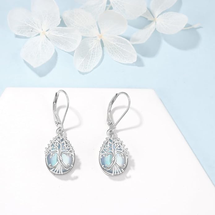 Odinstone 925 Sterling Silver Earrings Tree of Life Teardrop Moonstone Dangle Drop Leverback Earrings for Women