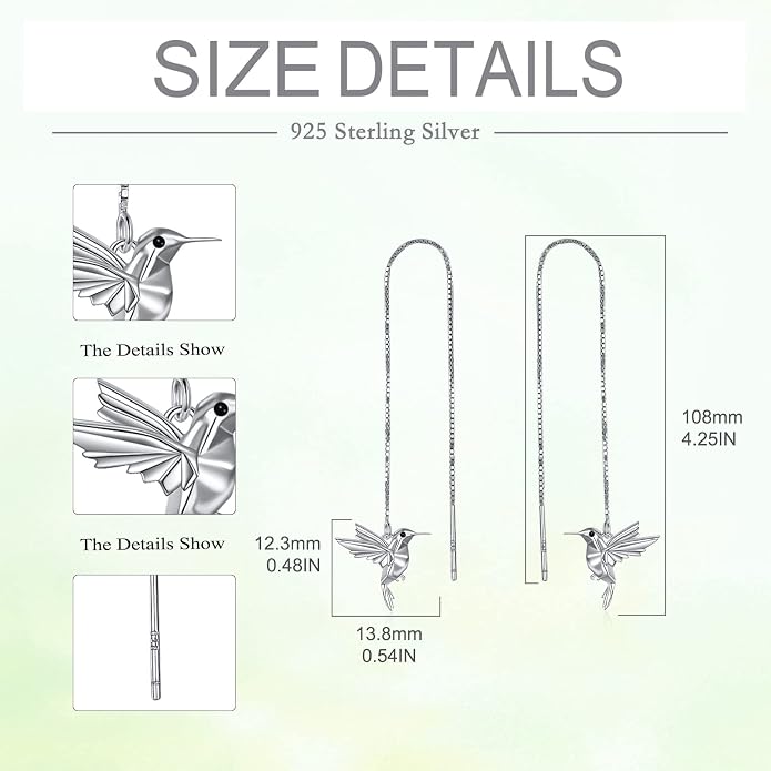 Hummingbird Pull Through Threader Earrings 925 Sterling Silver Long Piercing Tassel Drop Dangle Ear Line Eardrop Earrings Origami Jewelry Birthday Gifts for Women