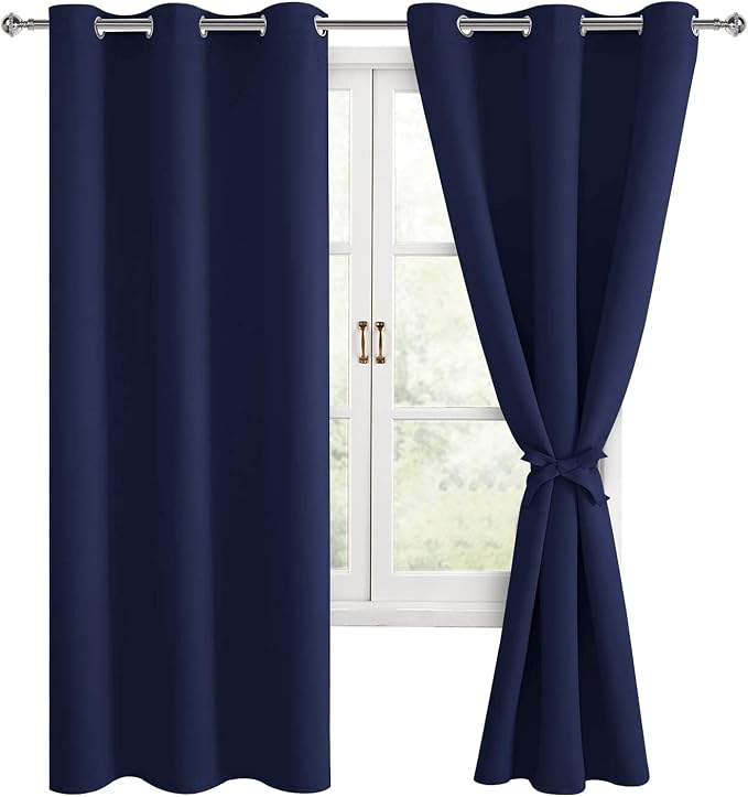 Hiasan Blackout Curtains for Bedroom, Thermal Insulated, Light Blocking, Noise Reducing Window Curtain Panels, Tiebacks Included, Set of 2, Grommet Top (Navy Blue, Width 38 Inch x Length 63 Inch)