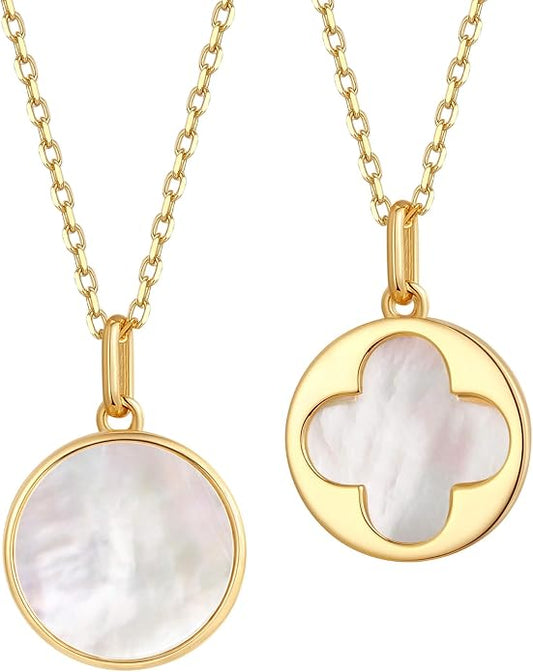 S.Leaf Sterling Silver Pearl Necklace for Women Gold Plated Double-sided Mother of Pearl Four Leaf Clover Shell Necklace Dainty Pendant Necklaces Gift for Women Her Mother Daughter Bridesmaids