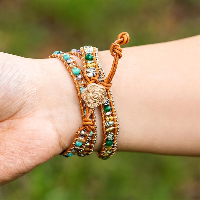 YGLINE Boho Handmade Wrap Leather Tube Crystal Stone Bracelet for Women