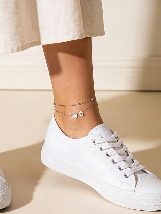 FindChic Silver/14K Gold Plated Layered CZ Initial Ankle Bracelet for Women | Waterproof Stainless Steel, Cubic Zirconia Letter Charm, Non-Tarnish, Hypoallergenic, Adjustable Extender, Summer Jewelry