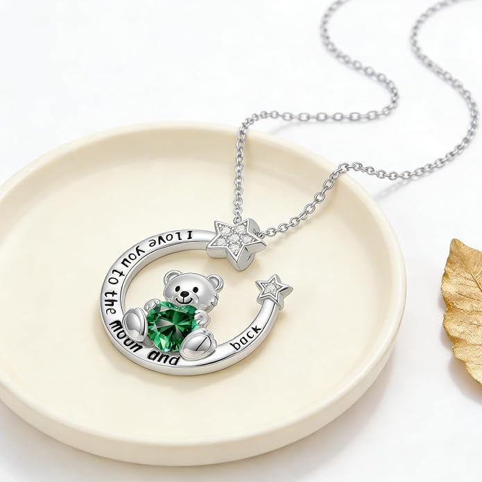 PELOVNY Teddy Bear Necklace for Women 925 Sterling Silver Bear/Highland Cow/Fox/Cat/Axolotl Birthstone Necklace Christmas Birthday Jewelry Gifts for Mom Daughter Wife Sister