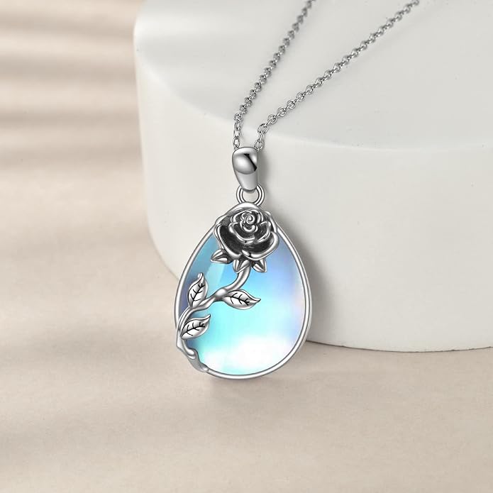 YAFEINI 925 Sterling Silver Moonstone Necklace Filigree Teardrop Pendant Necklace Jewelry for Women Girls