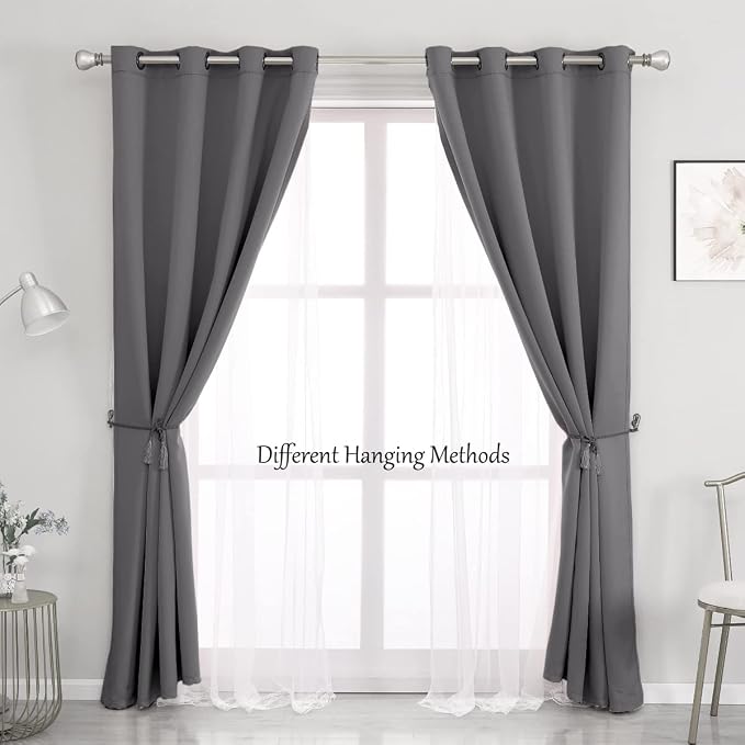 Dark Grey Blackout Curtains 96 Inch Length with White Sheer Voile - Double Layered Mix and Match Nursery Grommet Curtains for Living Room,52 by 96 in, 2 Pieces