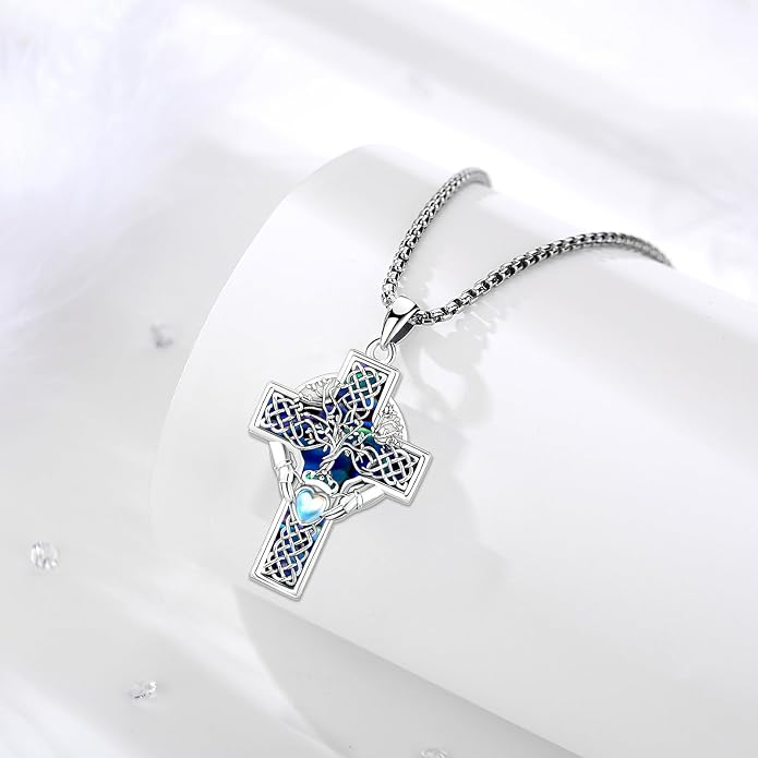 Celtic Cross Tree of Life Necklace for Women Sterling Silver Thor Hammer Tree of Life Pendant Irish Knot Cross Amulet Tree of Life Jewelry