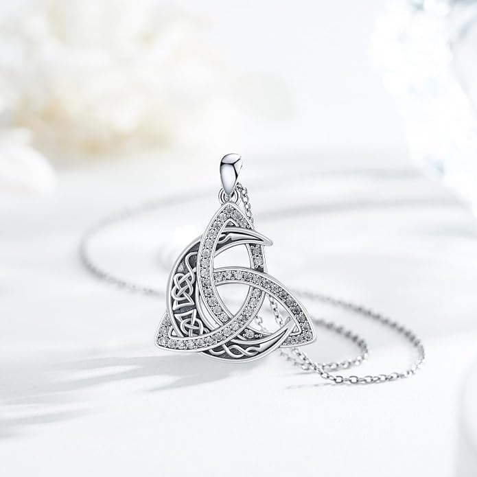 CHENGHONG Celtic Moon Necklace for Women 925 Sterling Silver Celtic Knot Moonstone Pendant Necklace Crescent Irish Necklaces Celtics Jewelry Gift for Women Men