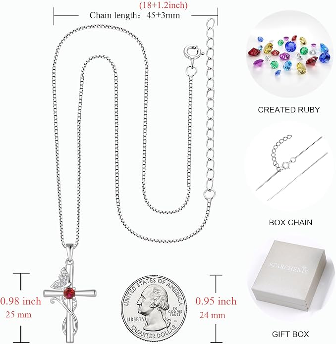 STARCHENIE Butterfly Cross Necklace 925 Sterling Silver Crucifix Pendant Birthstone Jewelry for Women
