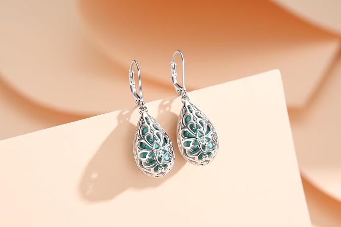 BDL Genuine Turquoise Jewelry for Women, Sterling Silver Earrings and Necklaces for Women, Leverback Dangle Drop Earrings Jewelry