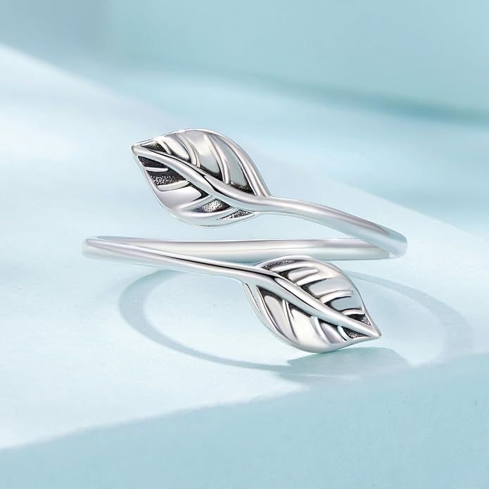 MUNDELL 925 Sterling Silver Simple Multi-layer Leaf Adjustable Ring Green Lucky Leaves Statement Ring for Women Promise Ring Fine Jewelry