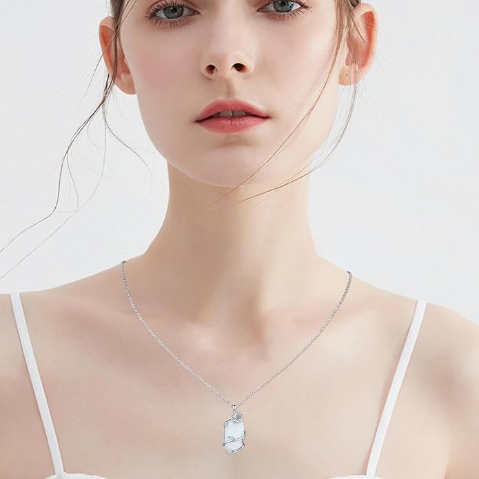 Bar Opal Leaf Necklace For Women S925 Sterling Silver White Opal Pendant with Leaf Charm Bar Pendant Jewelry Gift For Mom Daughter Wife