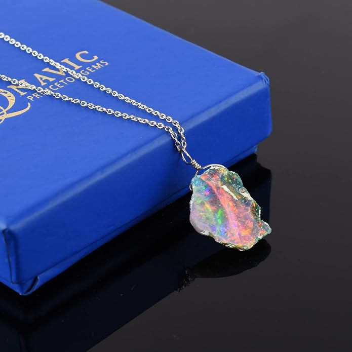 Raw Ethiopian Fir Opal Pendant Necklace for Women, Dainty Pendant, Handmade October Birthstone, Hypoallergenic Spiritual Healing Stone 925 Sterling Silver Chain 20" Birthday Gifts