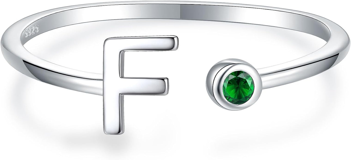 925 Sterling Silver Initial Letter Birthstone Rings for Women Adjustable 1-12 Month Birthstone Alphabet Stacking Ring for Teens Girls Stackable Birthstone Rings Birthday Jewelry Gift for Daughter Mom
