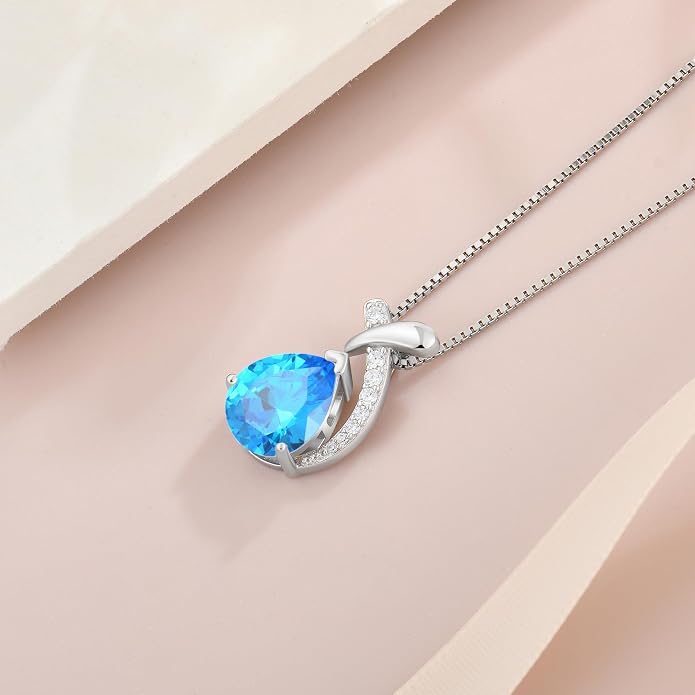 Teardrop Birthstone Necklace for Women,925 Sterling Silver Pear Cut Zircon Gemstone Pendant Necklace for Birthday Engagement Anniversary Wedding Jewelry