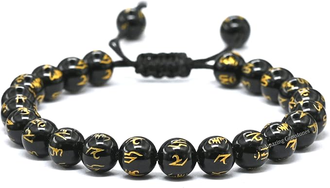 Amazing Gemstone Om Mani Black Agate Bracelet for Women Men's Gifts - Protection Healing Crystal Bracelet - 8mm Gemstones Beaded Adjustable Bracelet Pulseras para Hombres Mujer Stocking Stuffers