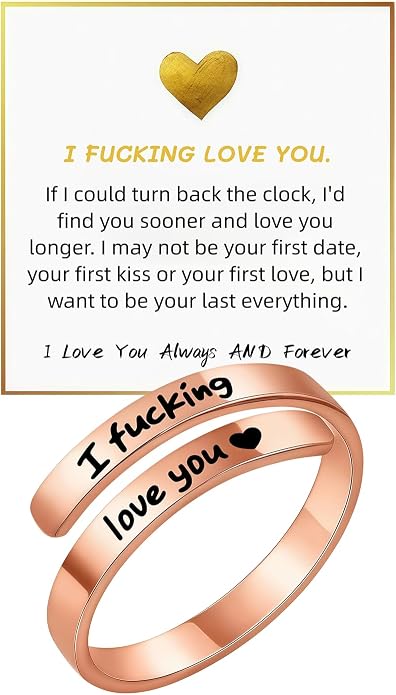 I Fcking Love You Ring, Stainless Steel Engraved Inspirational Words Heart Open Adults Women Vintage Promise Rings Lover Wife Jewelry