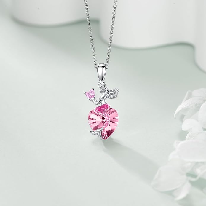 Mermaid Birthstone Necklace for Women 925 Sterling Silver Jewelry Austrian Crystal Pendant Christmas Gifts for Her