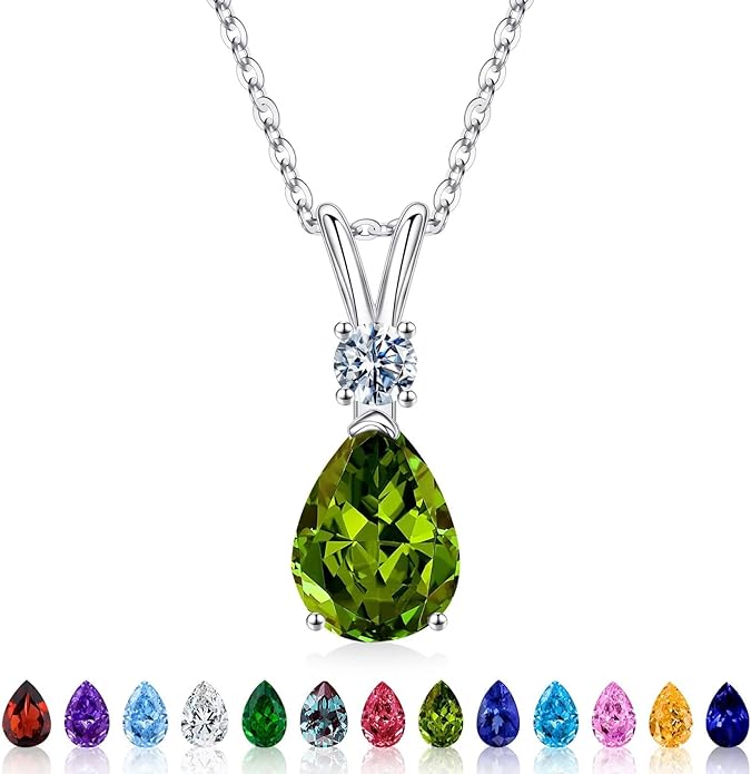 Iefil 925 Sterling Silver Birthstone Necklaces for Women - Teardrop Birthstone Jewelry, Anniversary Birthday Gifts for Women Wife Her