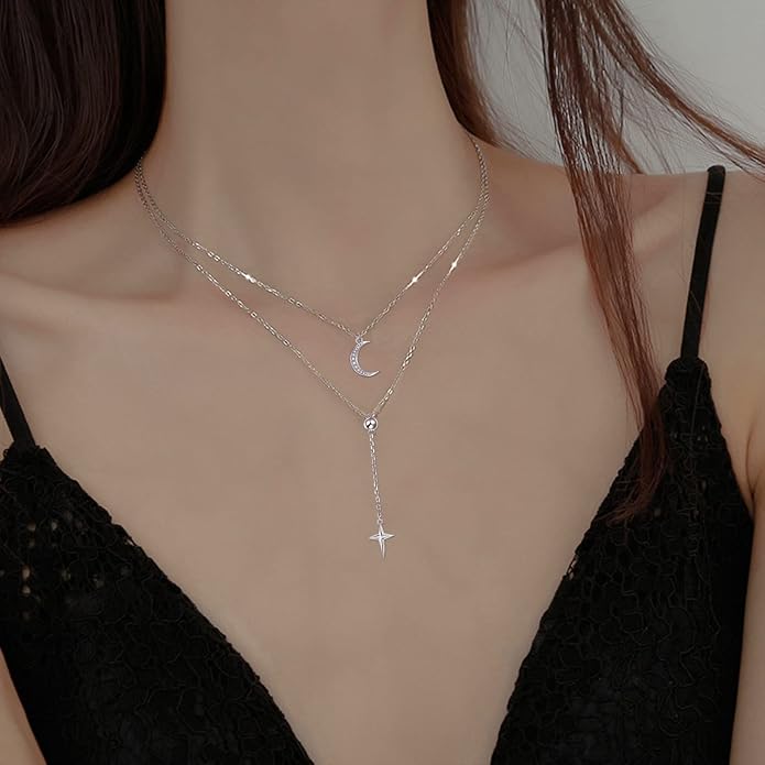 Layered Choker Necklaces for Women S925 Sterling Silver Circle/Heart/Cross/Star Multi Layered Necklace Handmade Bead Chain Adjustable Jewelry for Birthday
