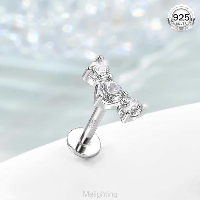 Melighting 16G Curved Helix Earring, Sterling Silver 925 Tragus Conch Stud Internally Threaded, Clear Marquise Round CZ Flat Back Lobe Labret Cartilage Piercing Jewelry for Women 6/8 mm