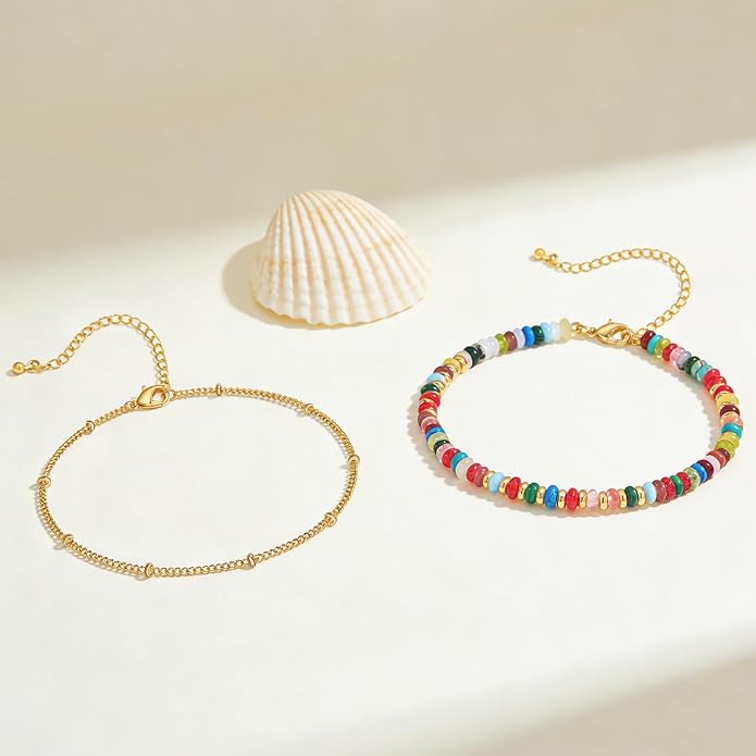 Ankle Bracelet for Women Natural Stone Colorful Beaded Boho Layered Anklet 14K Gold Plated Adjustable Beads Chain 2Pcs Anklets Set Handmade Summer Beach Jewelry