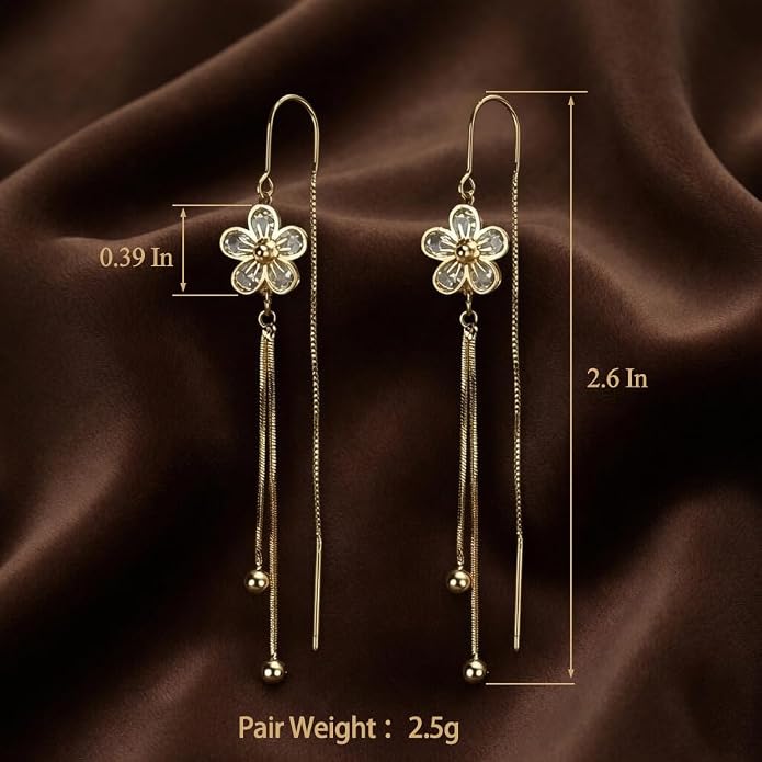 14K Gold Plated Flower Dangle Earrings for Women, Hypoallergenic Cubic Zirconia Long Threader Chandelier Earrings, Elegant Crystal Jewelry for Wedding Bridal Prom Party Gifts