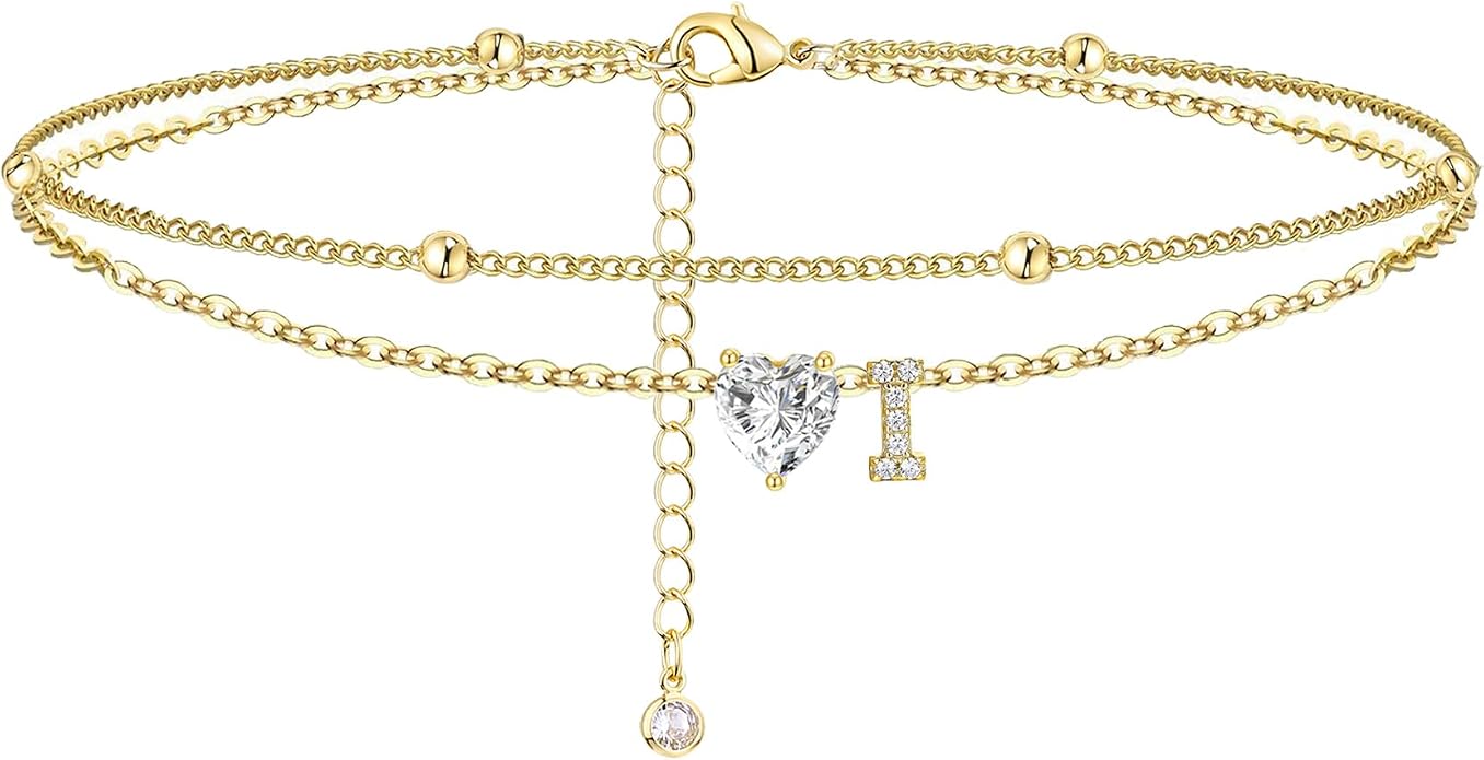 Ankle Bracelets for Women Waterproof 14K Gold Plated CZ Initial Anklet for Women Dainty Layered Letter Heart Ankle Bracelets Handmade Adjustable Foot Chain Anklet Summer Beach Jewelry