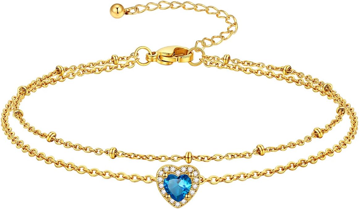 Richsteel Double Layer Heart/Butterfly Birthstone Anklet for Women Non Tarnish Waterproof, Silver/Gold/Black Stainless Steel 8.5-10.5 Inch Adjustable Chain Anklets Jewelry Gifts for Her
