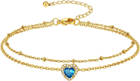 Richsteel Double Layer Heart/Butterfly Birthstone Anklet for Women Non Tarnish Waterproof, Silver/Gold/Black Stainless Steel 8.5-10.5 Inch Adjustable Chain Anklets Jewelry Gifts for Her