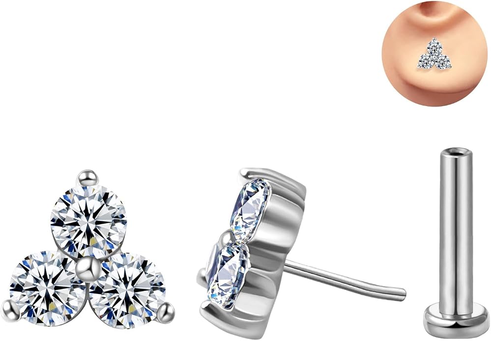 FANSING Cartilage Earring Tragus Stud Trio CZ Stone Flat Back Earring for Helix Conch Threadless Push Pin Labret Stud