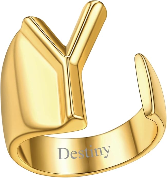FindChic Customizable Initial Ring Statement 18K Gold Plated Fashion Cuff Rings for Women Alphabet Letter A to Z Resizable Knuckle Ring (with Gift Box)