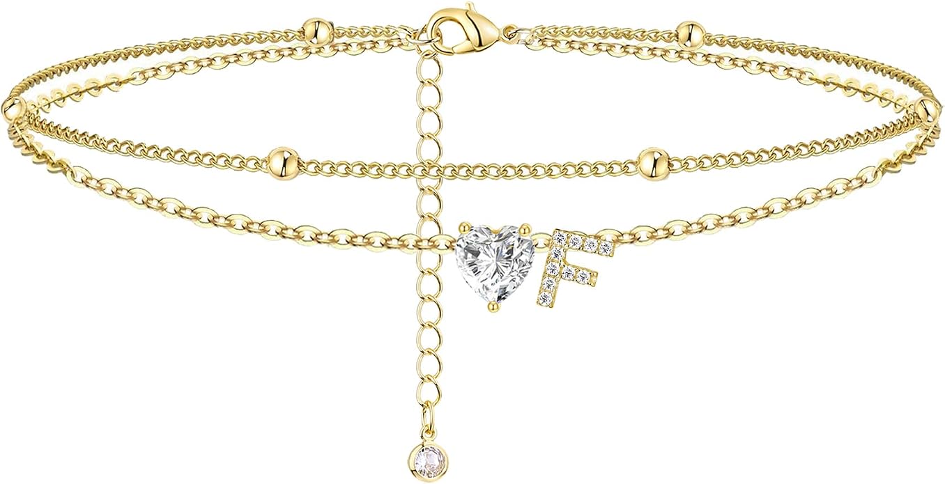 Ankle Bracelets for Women Waterproof 14K Gold Plated CZ Initial Anklet for Women Dainty Layered Letter Heart Ankle Bracelets Handmade Adjustable Foot Chain Anklet Summer Beach Jewelry
