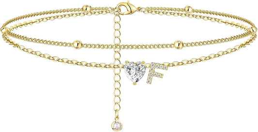 Ankle Bracelets for Women Waterproof 14K Gold Plated CZ Initial Anklet for Women Dainty Layered Letter Heart Ankle Bracelets Handmade Adjustable Foot Chain Anklet Summer Beach Jewelry
