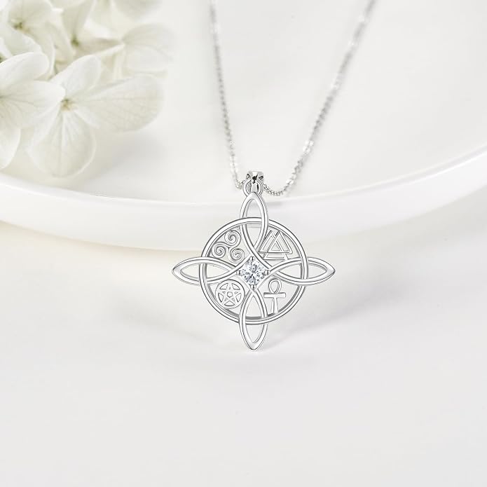 YAFEINI Sterling Silver Witches Knot Pendant Necklace - Celtic Cross Witch Jewelry Amulet Gifts for Women