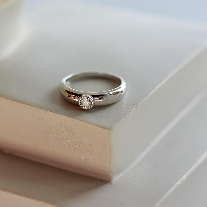 LEMON GRASS Bezel Set Round CZ Thin Dome Ring | Minimalist Stacking Band Signet Ring in Gold