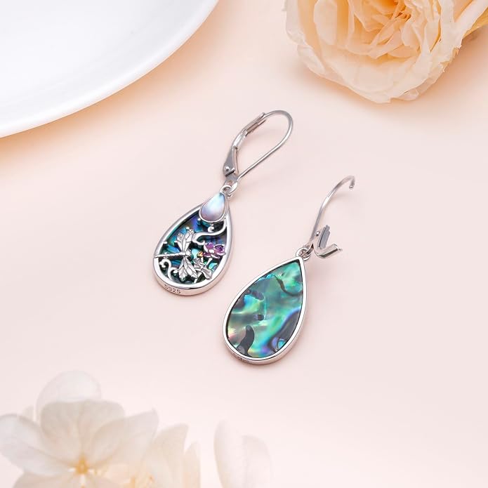 Alphm Dragonfly Filigree Earrings S925 Silver Teardrop Moonstone Abalone | S925 Sterling Silver Dragonfly Filigree Drop Dangle Earrings Leverback Birthday Jewelry Gift for Women Mom Wife