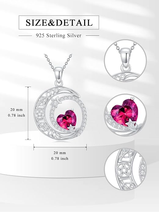 Dorunmo Heart Birthstone Necklace for Women 925 Sterling Silver Moon and Star Pendant Birthday Jewelry Gifts for Wife Her Daughter Mom