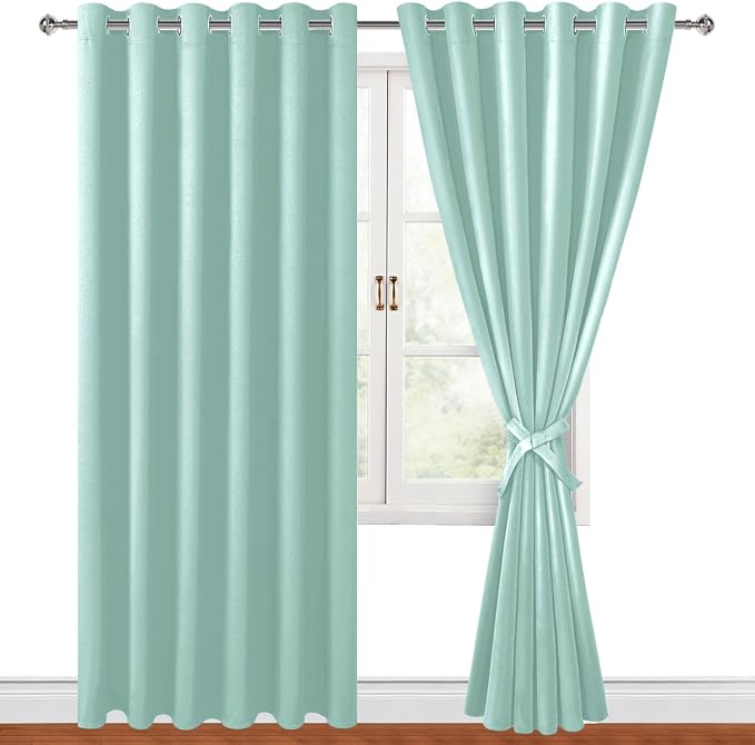 Hiasan Room Darkening Curtains for Bedroom, 70 x 84 Inches - Thermal Insulated & Energy Saving Window Drapes for Living Room/Dorm Room, Set of 2 Panels Sewn with Tiebacks, Aqua