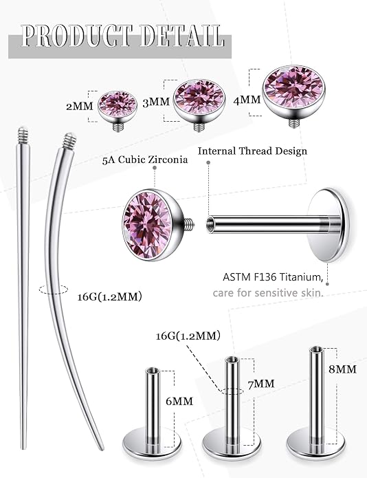 20G 18G 16G Astm F136 Titanium Internally Threaded Flat Back Earrings Nose Rings Studs G23 Titanium Tragus Helix Conch Cartilage Earrings Studs Piercing Jewelry For Women Men Clear Pink CZ
