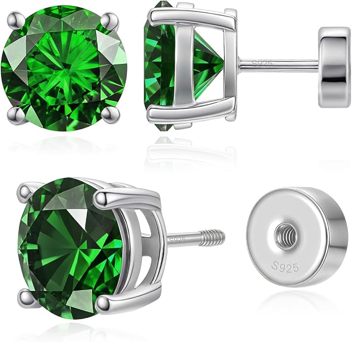 Heart Birthstone Flat Back Stud Earrings, 925 Sterling Silver 18K White Gold Plated, Poke-Free Comfortable Sleep Hypoallergenic Personalized Ear Piercing Jewelry, Mother's Day Birthday Gifts for Women
