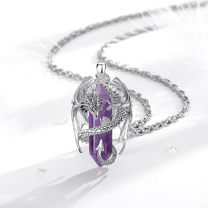 INFUSEU Unique Dragon Necklaces with Healing Crystal Stone for Men Women, Personalized Spiritual Gifts, 24 Inch Chain