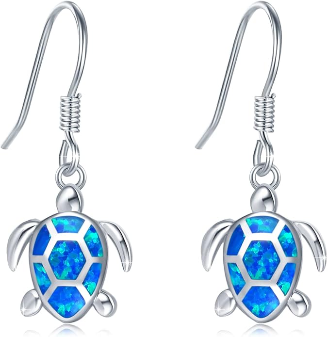 Sea Turtle Earrings,Sterling Silver Hawaiian Beach Themed Stud Earrings Tortoise Animals Drop Dangle Blue Opal Ocean Tarnish Resistant Jewelry Gifts for Women Girlfriend Mom Mother Sister