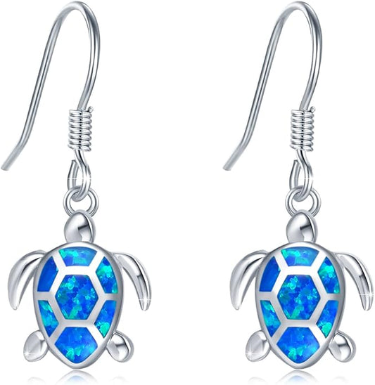 Sea Turtle Earrings,Sterling Silver Hawaiian Beach Themed Stud Earrings Tortoise Animals Drop Dangle Blue Opal Ocean Tarnish Resistant Jewelry Gifts for Women Girlfriend Mom Mother Sister