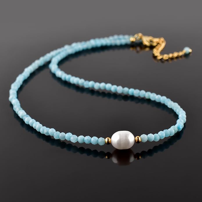 InfinityGemsArt Gemstone Gold Necklace For Women, Birthstone Natural Crystal Stone With Freshwater Pearl Beaded Jewelry, Gold Plated 18 Inch Chain